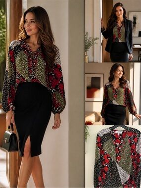 Libby Edelman Floral Patchwork Lace-Up Blouse Medium Boho Long Sleeve Top